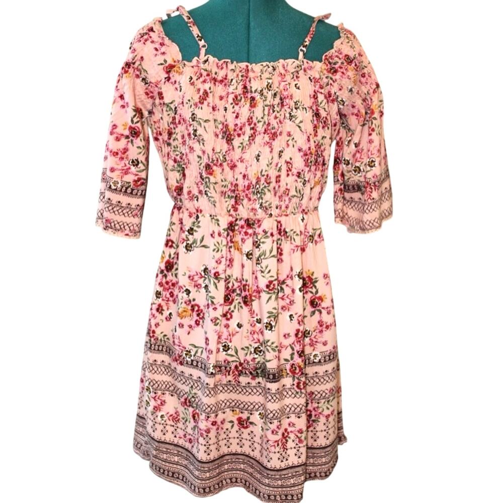 Angie Boho Floral Smocked Off Shoulder Mini Dress Pink Multicolor Women’s Large - Picture 3 of 7